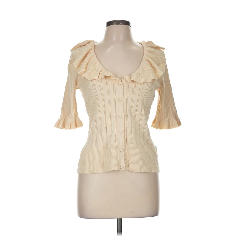 Flawed Gem! Nygard‎ Collection Cream Ruffle Collar Pointelle Knit Cardigan Sz 8
